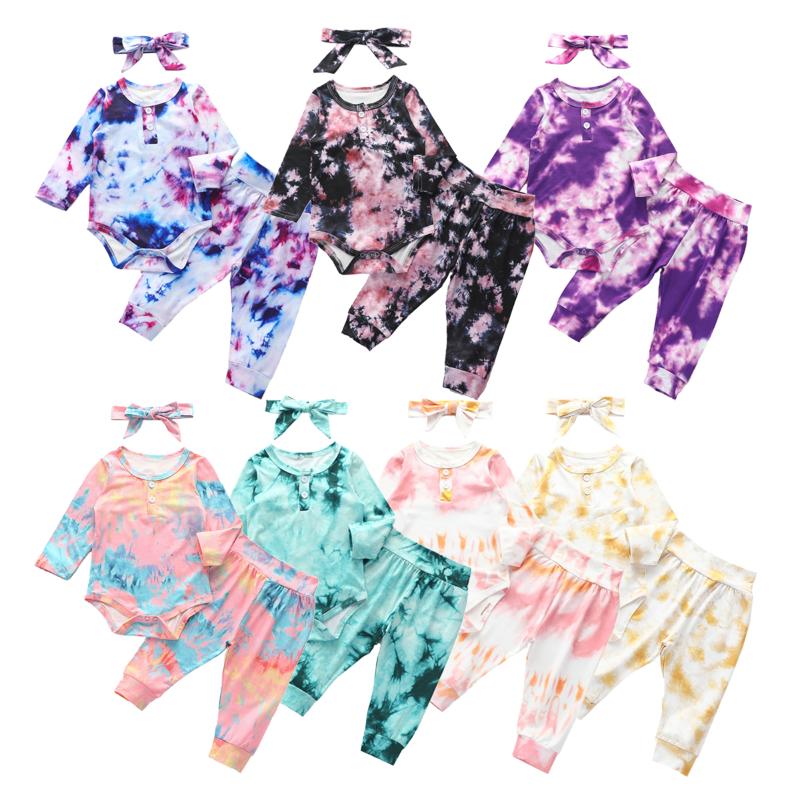 

0-24M Autumn Brand New Clothes Sets Infant Baby Girls Boys Tie-Dye Long Sleeve Romper Tops+ Long Harem Pants+ Cute Headband 3pcs