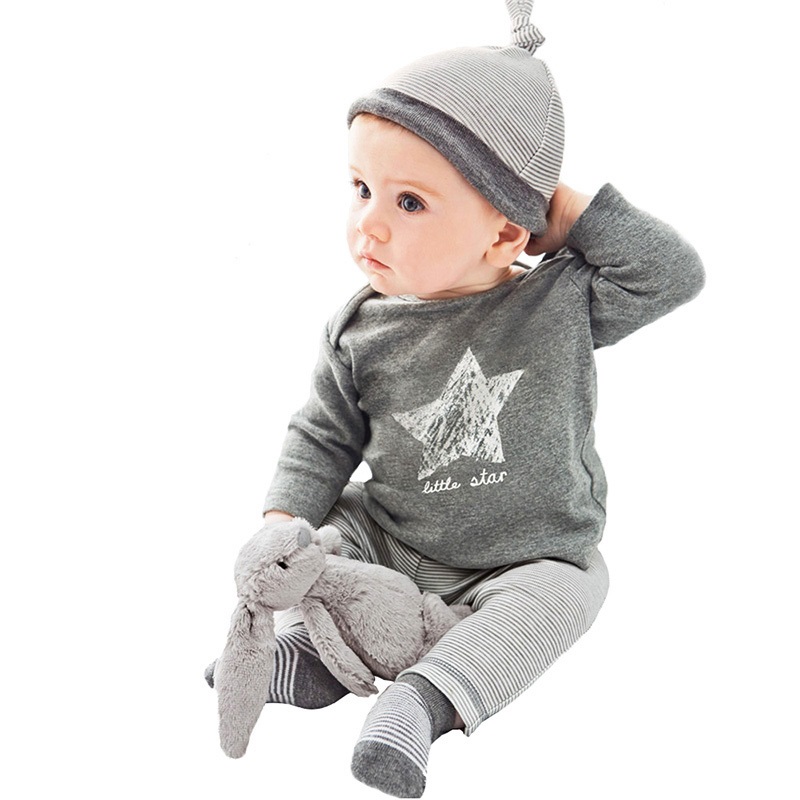 

2020 Casual Baby Boy Girl Winter Autumn Clothes 3pcs (Hat + T-shirt+pants) Little Stars Leisure Baby Boys Clothing Sets, Gray