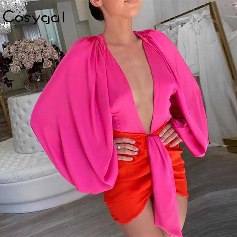 

COSYGAL 2020 Low Cut Sexy Bodycon Dress Lantern Sleeve Fashion Night Club Party Dress Women Sashes Patchwork Long Sleeve Dresses, Rose