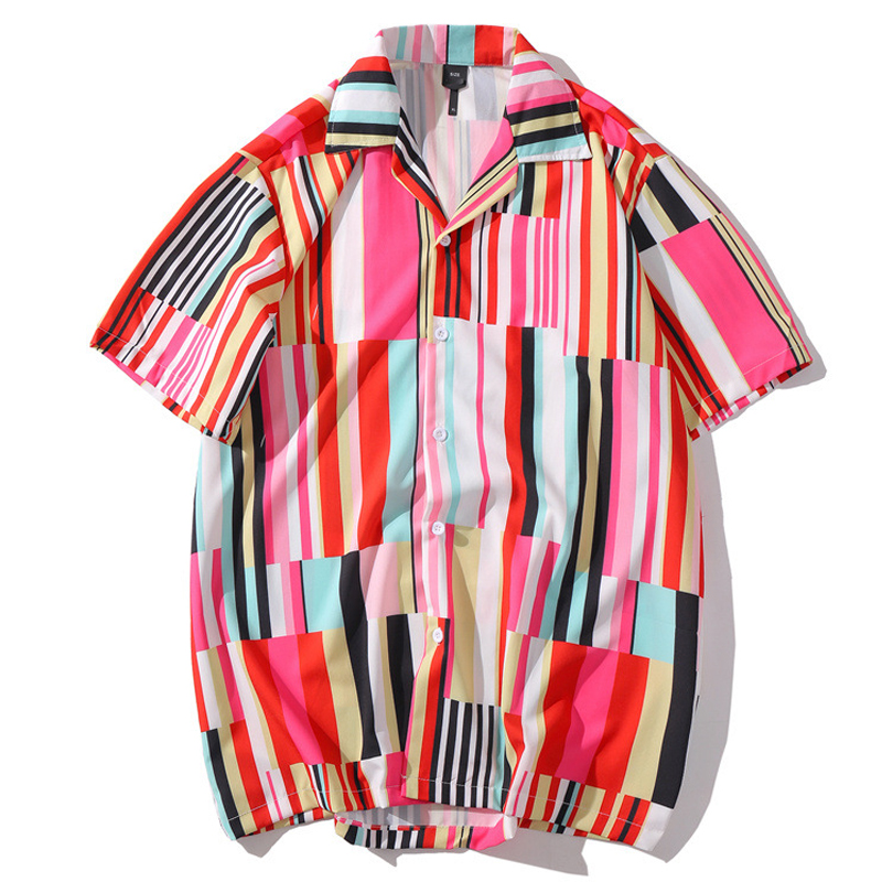 

2020 Hip Hop Shirt Streetwear Men Hawaiian Shirt Pink Color Block Stripe Harajuku Beach HipHop Shirts Summer Short Sleeve, As picture