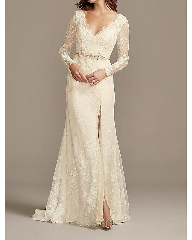 

a-line wedding dresses v neck floor length lace satin long sleeve country plus size with lace sashes / ribbons embroidery, White