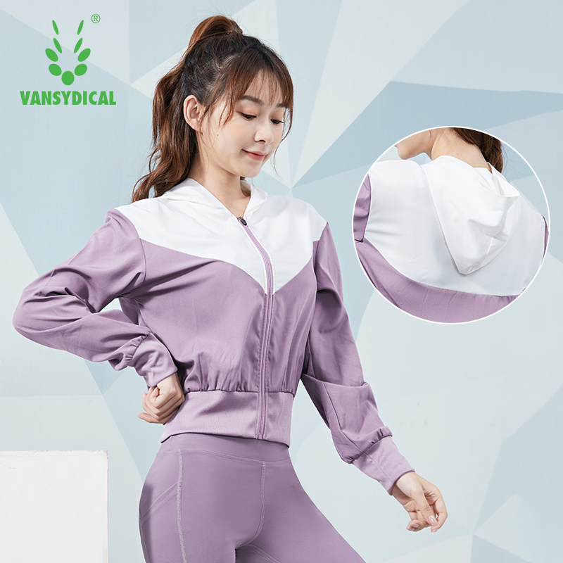 

VANSYDICAL running jacket women long sleeve hoodies color patchwork yoga top crop top with zipper gym clothing female sport coat, Fbf20105