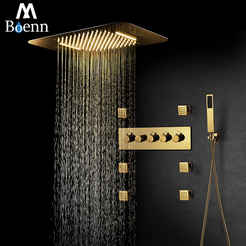 

luxury Gold Music Shower Systems Rain LED Shower Head Tap Waterfall Bathroom Faucets Thermostatic Concealed Mixer Shower Speaker