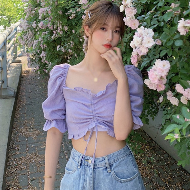 

Solid Color Blouse Sexy Sweet Square Collar Half Sleeve Shirts Chic Drawstring Ruffles Tops For Women, Purple