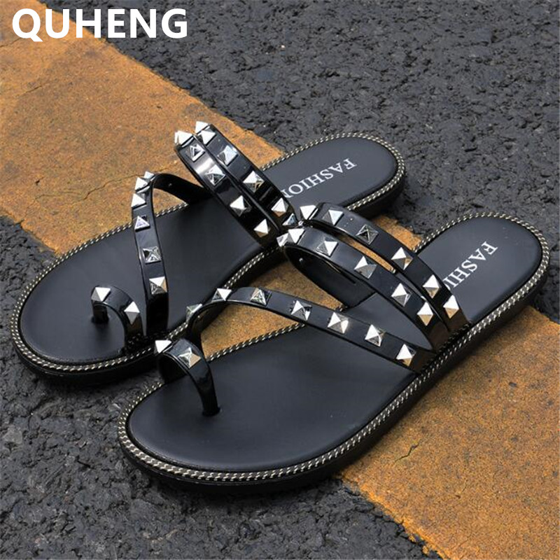 

Rivet Women's Slippers Outdoor Platform Beach Flip Flops Fashion Korean Version Wild Summer Woman Shoe Gladiator Sandalias Mujer, Black