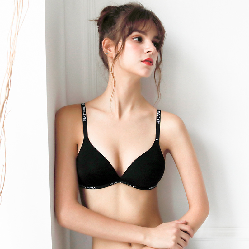 

New Black English Letter Solid Color Underwear Women's Summer Bra with English Lettering Strap Style Fashion Deep V Bra, Pink