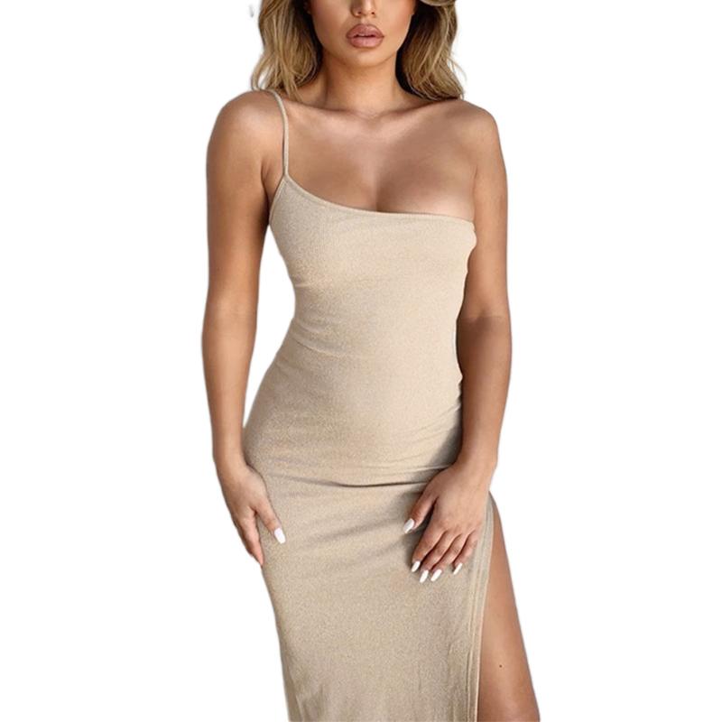 

Women Sexy One Shoulder Split Bodycon Dress Ladies Sleeveless Solid Color Long Dress, Black