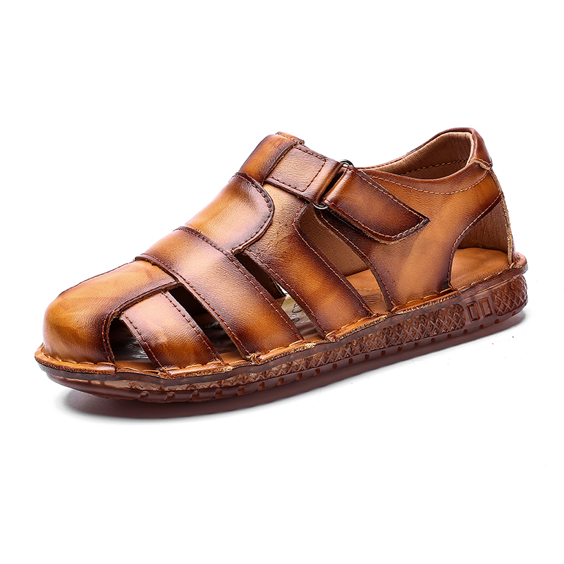 

Vintage Hand Made Stitched Leather Sandals Fisherman Ankle Wrap Sandalias Men Shoes Summer Quality Large Size Hook Loop Strap, Black