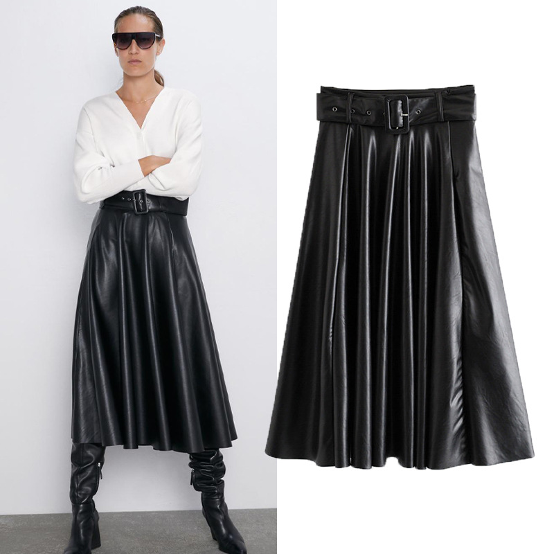 

2020 Spring and Autumn New High Waist Waistband Pleated Pu Skirt Women's Hot Sale, Black