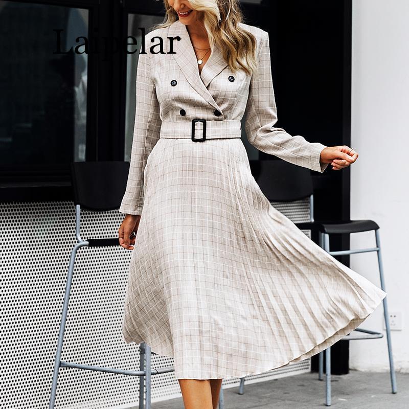

Elegant 2020 Autumn winter ladies Blazer dress Button belt long sleeve dress female plaid dresses women Sexy vestidos, Beige
