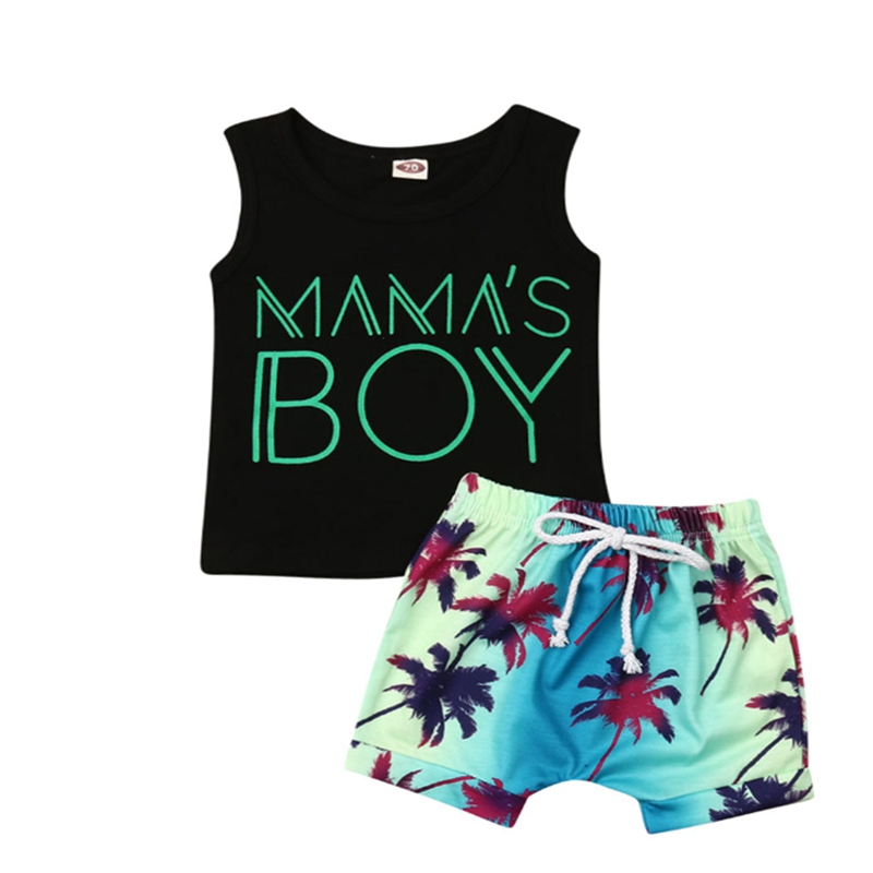 

2020 Newborn Infant 2Pcs Clothes Set Baby Boy Summer Beach Hawaii Outfit T-shirt Tank Top Shorts Letter Print, As pic