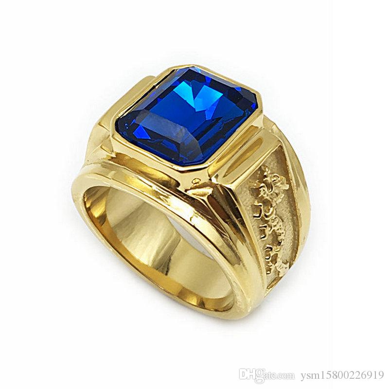 

Fashion Retro Gold Dragon Totem Stainless Steel Rings for Men Blue Rhinestone Rings US Size 7 # -12 # R-029-B