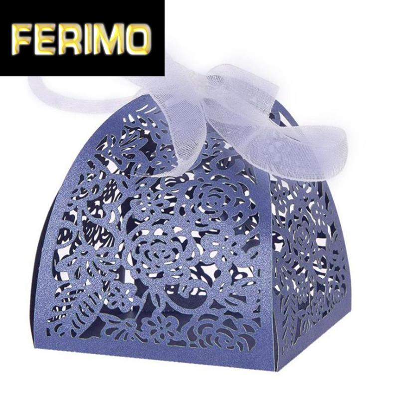 

Blue Silver Laser Cut Hollow Candy Box Wedding Party Favors Gift Bags With Ribbon Chocolate Box