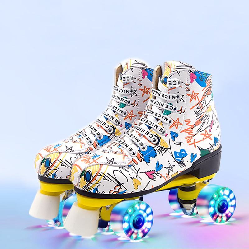 

Roller Skates Double Line Skates Women Men Adult Two Line Skating Shoes with PU 4 Wheels Training Graffiti Outdoor Sports Shoes, White no flash