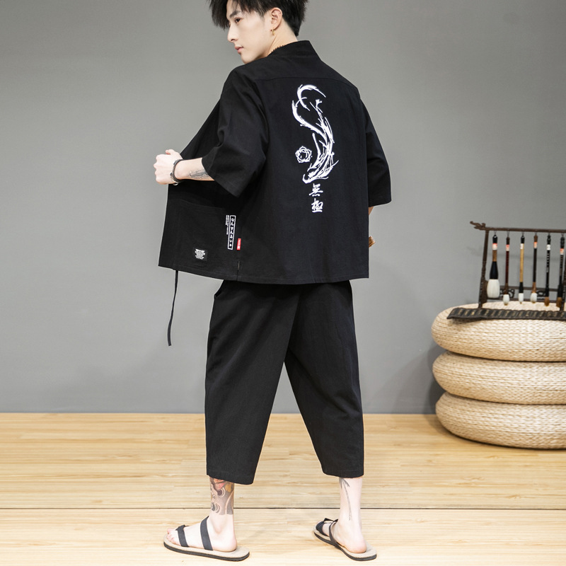 

Japanese Traditional Kimono Yukata Summer Pants Two Piece Seven-point Coat Men Japan Print Shorts Cardigan Harajuku Clothes Sets, Black