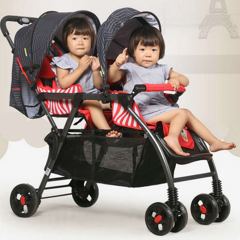 

Portable Twins Stroller of 35cm extra widen seat, Good Proof Twins Stroller, Tandem Stroller with Removable Canopy