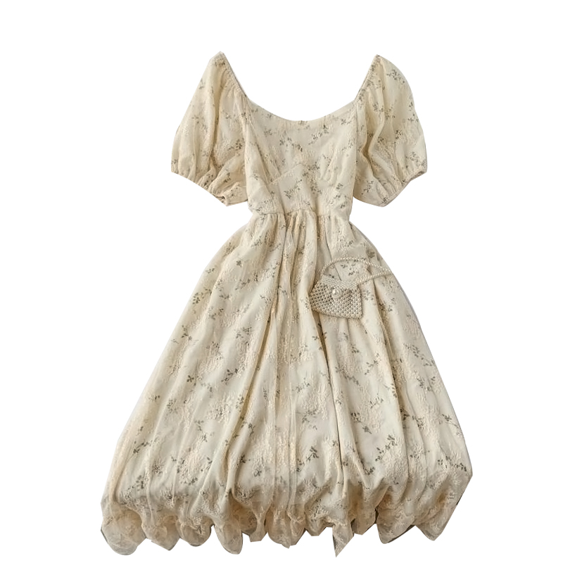 

2020 new fashion women' dresses French elegance vintage lace high waist slimming floral dress, Apricot green