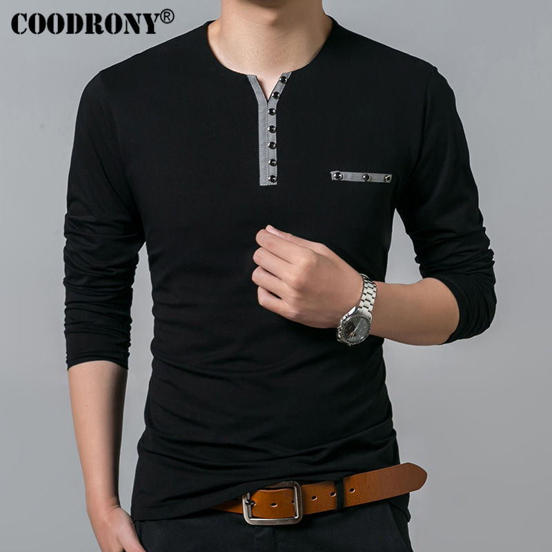 

COODRONY Cotton T Shirt Men 2019 Spring Autumn New Long Sleeve T-Shirt Men Henry Collar Tee Shirt Men Fashion Casual Tops 7617, Navy