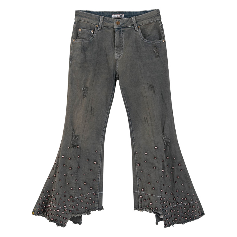 

Fall Spring Casual Womens Stretch Ripped Hole Pearls Beading Flare Denim Trousers , Irregular Tassel Jeans Pants for Women, As pic