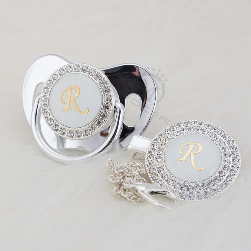 

MIYOCAR silver Initial letter R elegant bling pacifier and pacifier clip BPA free dummy bling ideal gift SGS pass LR-1