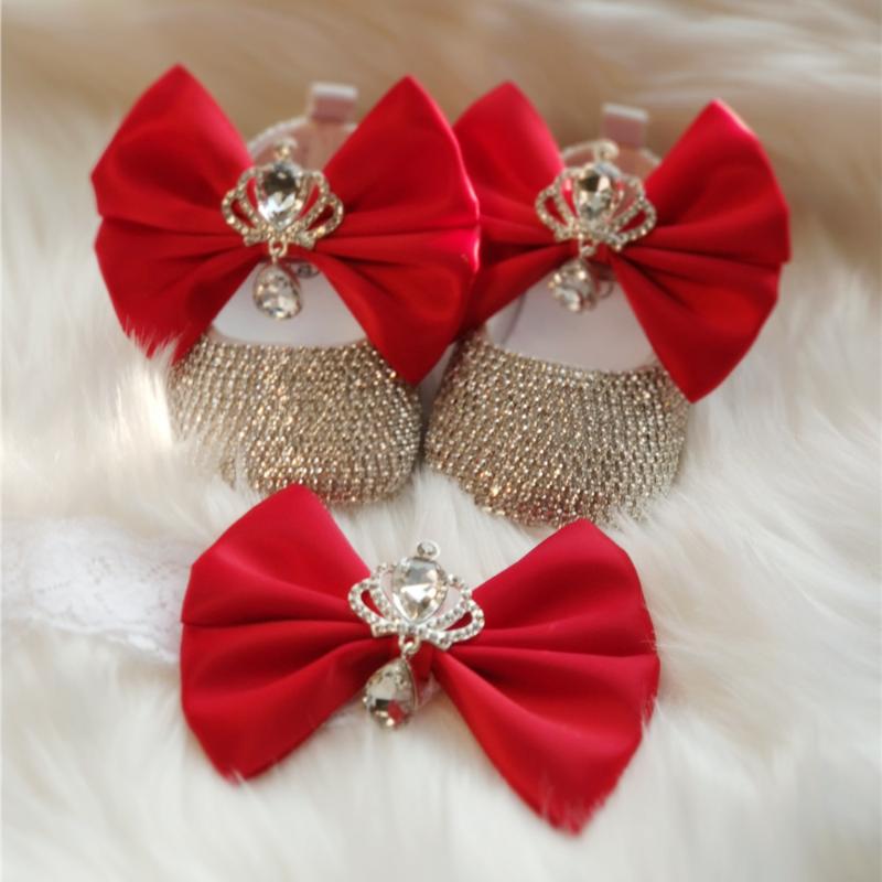 

Bowknot Custom Sparkle Bling Crystals Rhinestones Baby Girls Shoes Infant -1Y Ribbon Princess Shoes First Walkers Hairband, Pink