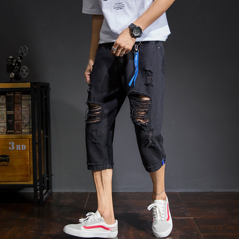 

Men's Denim Shorts Calf-length Trousers Holes Mens Jeans, Black