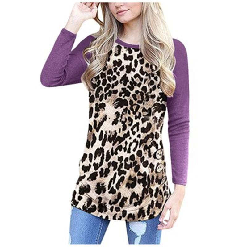 

Women Leopard Round Neck T-shirt Occident Fashion Trend Long Sleeve Tops Tee Spring Hot Designer New Female Spring Casual Loose T-shirt