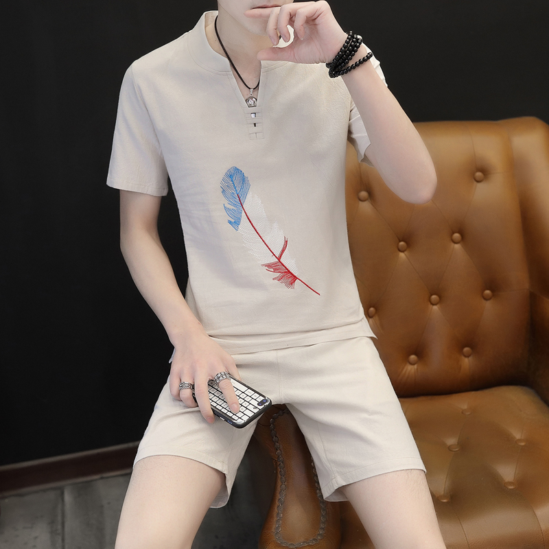 

Summer clothes men's 2 pieces sets Casual Feather embroidery shorts and Short-sleeved t shirt men breathable Slim linen suits, Gray