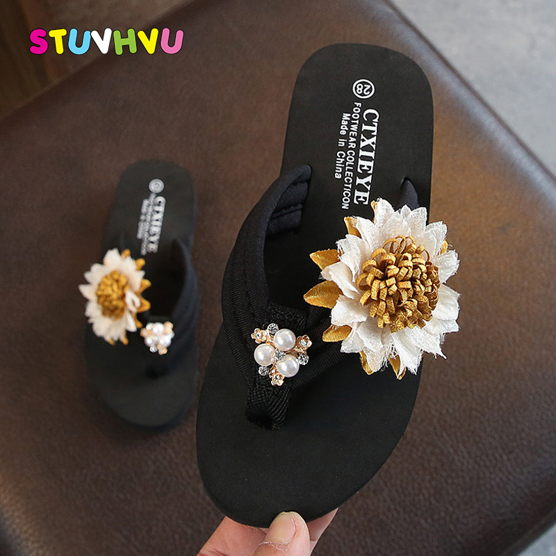 

Summer Girls Slippers Flowers Princess Shoes Wear Non-slip Beach Shoes Children Slippers Flip Flops Soft Kids Flats, Pink