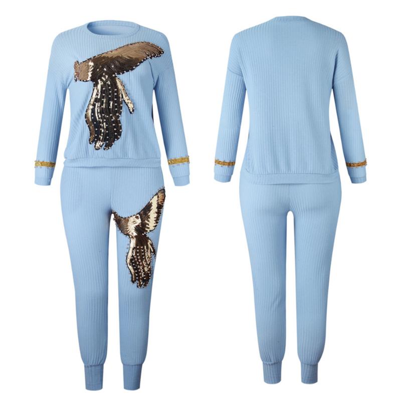 

Siskakia 2020 High elastic RIB Cotton Sequin Diamond Plus Size Women Suit Set African O Neck Long Sleeve Tops with Long pants, Blue set