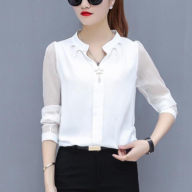 

Chiffon Blouse New Women Tops Long Sleeve V Neck Work Wear Shirts Elegant Lady Casual Blouses Plus size women' blusas #7.24, Bk