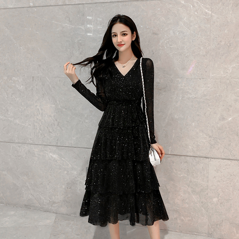 

5XL Black Mesh Sequin Dress Women Elastic Waist Vintage Ruffle Cake Sexy Club Dresses Midi Long Sleeve Plus Size Robe Femme