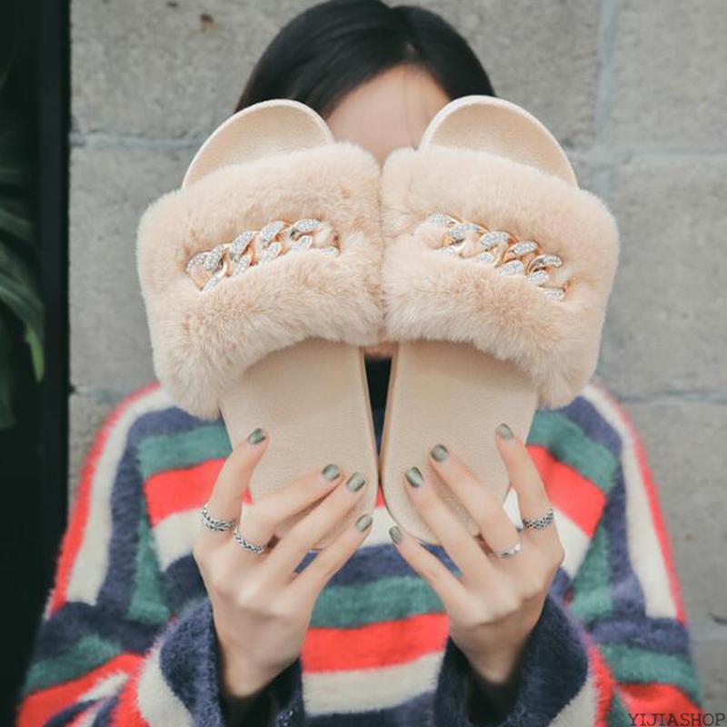 

New New fashion women's slippers rhinestone chain fur slippers solid flat bottom fur fluffy shoes woman, Black
