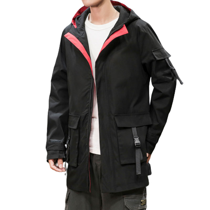 

New Jacket Men Hooded Trench Coat Jacket Male Long Overcoat Casual Fashion Long Coat Loose Men Windbreaker Streetwear, Black