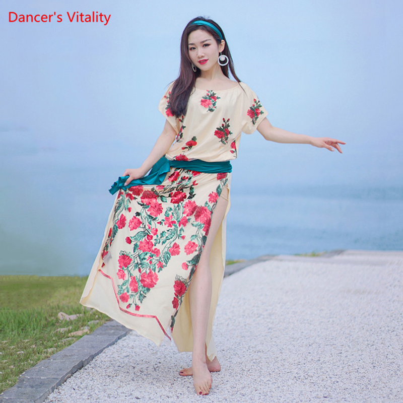 

Belly Dance Female Adult Summer New Elegant Robe+Hip Scarf+Headscarf Practice 3 piece set Oriental Dancewear Performance Skirt, Beige