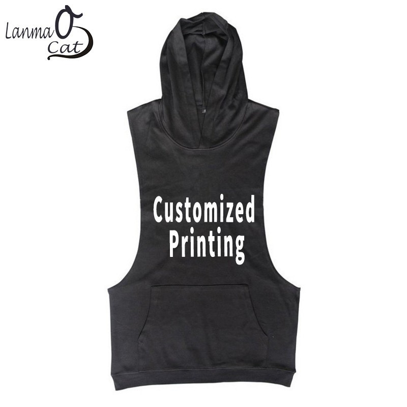

Lanmaocat Gym Fitness Hoodie Workout Clothes For Men Custom Printing Sleeveless Men Hoodie Bodybuilding Tank Top Free Shipping, Black