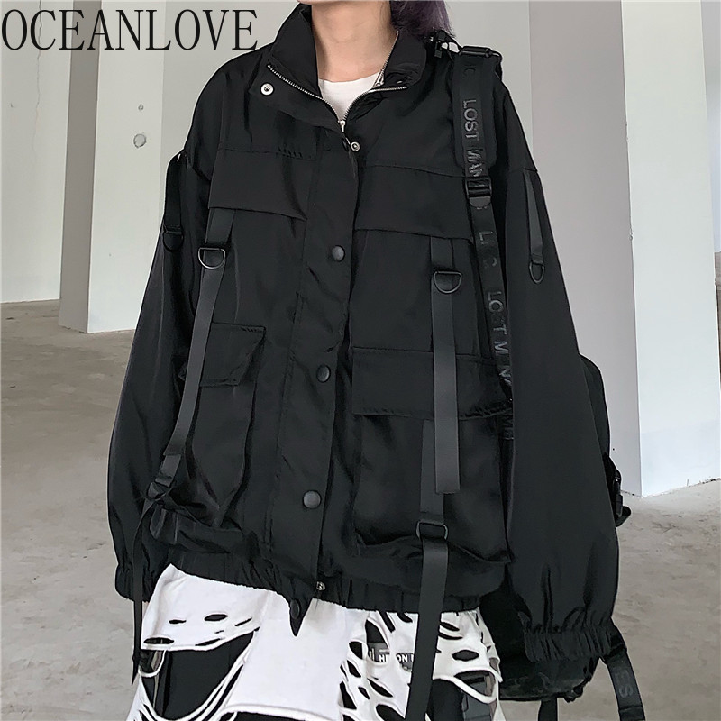 

OCEANLOVE Zip Up Jackets Women Solid Black Streetwear Autumn Mujer Chaqueta 2020 Pockets Gothic Loose Femme Veste New 17527