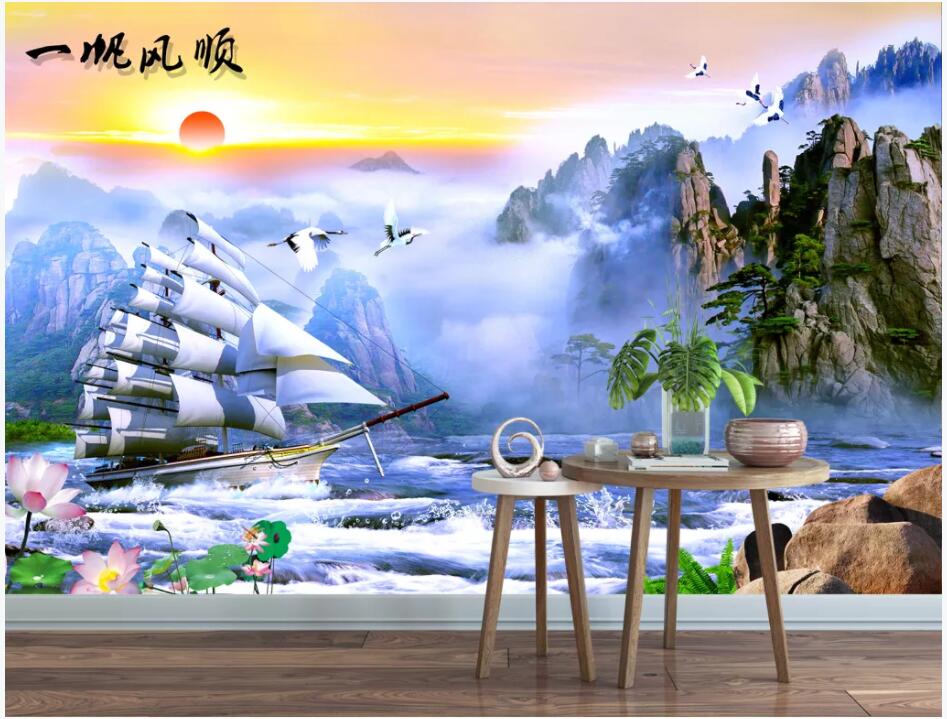 

3d wallpaper custom photo mural Chinese style mountain river sailing scenery living room home decor photo wallpaper for walls 3 d, Non-woven