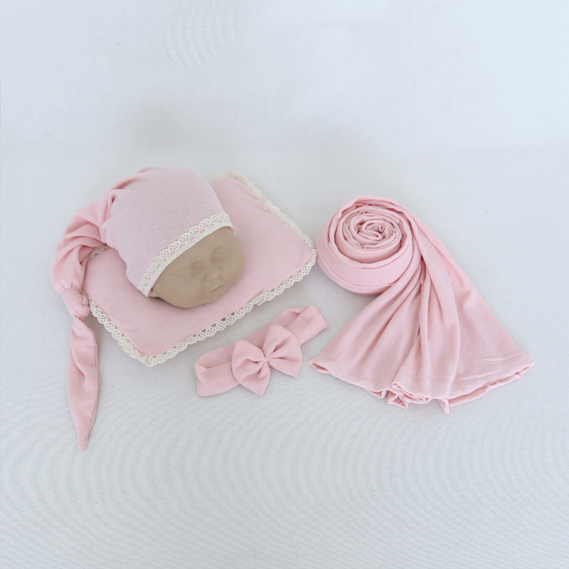 

2020 New 12Colors Hat + Headband + Pillow Cotton Wrap 4Pieces / Set For Newborn Photography Props Shoot Accessories, As photo
