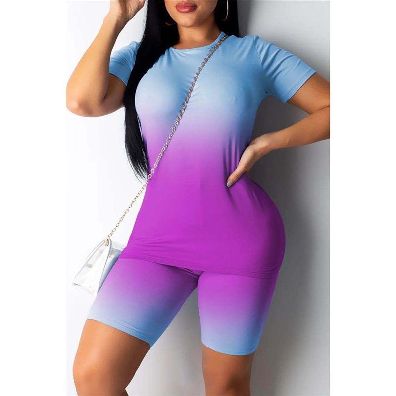

Summer Fashion Printed Tie-dye Gradient Suit Women Fit Round Neck T-shirt + Tight Shorts Casual Two-piece Suit For Ladies, Blue-violet gradient