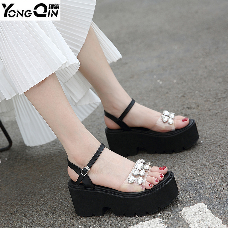

Platform Wedge Sandals Shoes Rhinestones High-heeled Woman Sandals, Black