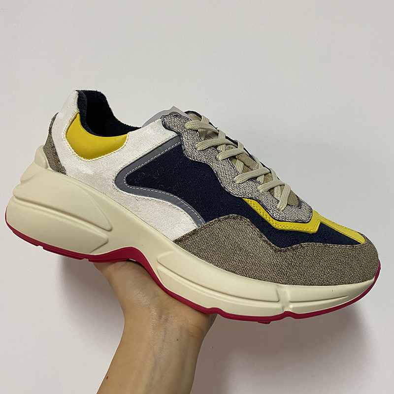 

Best Quality Mens Women's Rhyton Sneaker Top Calfskin Sneakers Pink Beige Reflective Fabric Lace-up Trainers Platform Shoes with Box EU35-45 NO51, Color 1
