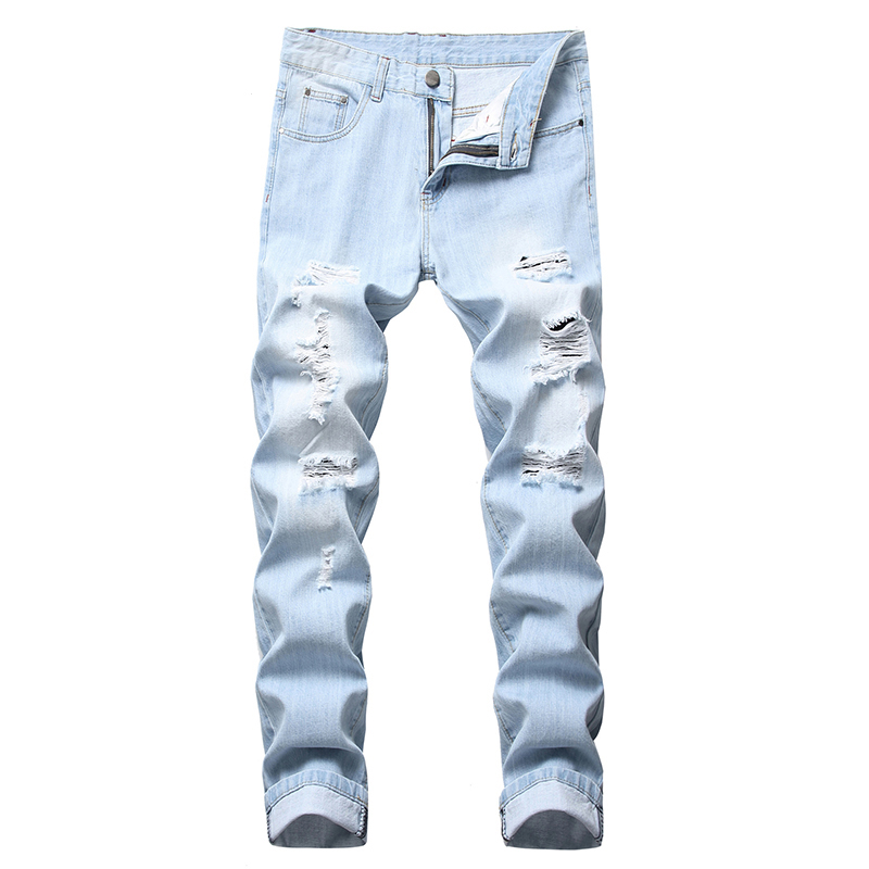 

Men Slim Skinny Ripped Jeans long destroyed Denim Knee Ripped Zipper Motorcycle Jeans Pants Cotton Men Washed dropship, Light blue