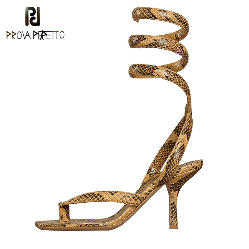 

Prova Perfetto gladiator sandals women 2020 Snake Skin Sandals Sexy Thin Heel Slip-on Sandalias Mujer flip flops Leather, Brown (8cm heels)