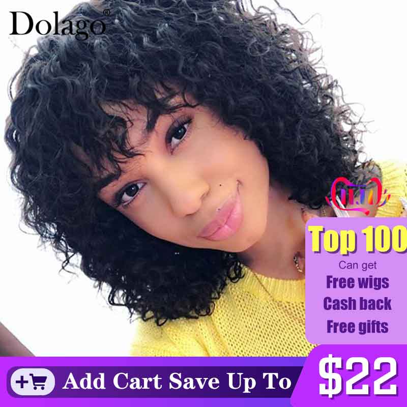 

Deep Curly 13x6 Lace Front Human Hair Wigs With Bangs 150 Density Brazilian Short Bob Lace Frontal Wig Pre Plucked Dolago Remy, Black