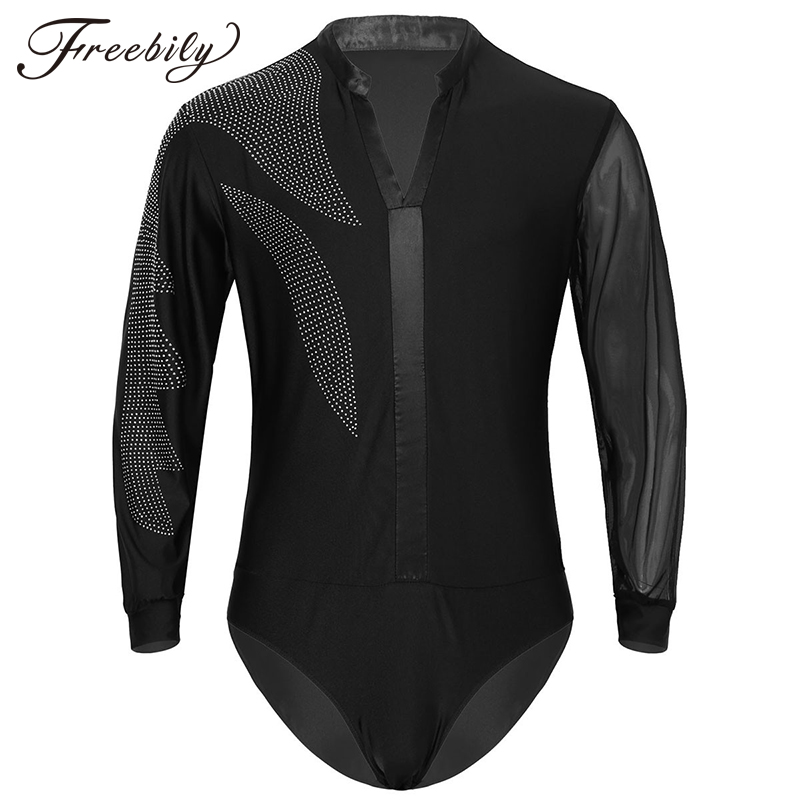 

Men V-neck Shiny Rhinestones Long Sleeve Ballroom Dancing Wear Latin Tango Adults Rumba Dance Shirt Leotard Bodysuit Shirt Tops, Black