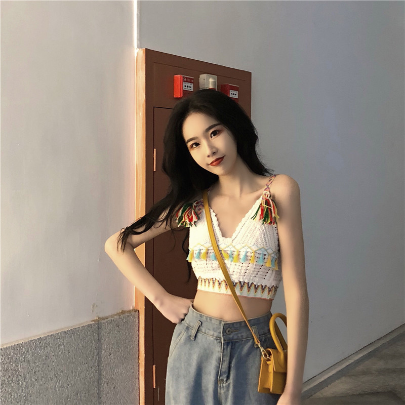

Seaside Sandbeach Bohemian Style Sexy Knitwear Vest V Neck Sun-Top Woolen Sweater, Ivory