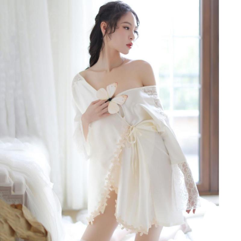 

Sexy mousse Pajamas Hot Temptation Thin Lace sleepwear Transparent Nightdress Lightweight Gauze Silk Robe Set Silk lace sloth, Black