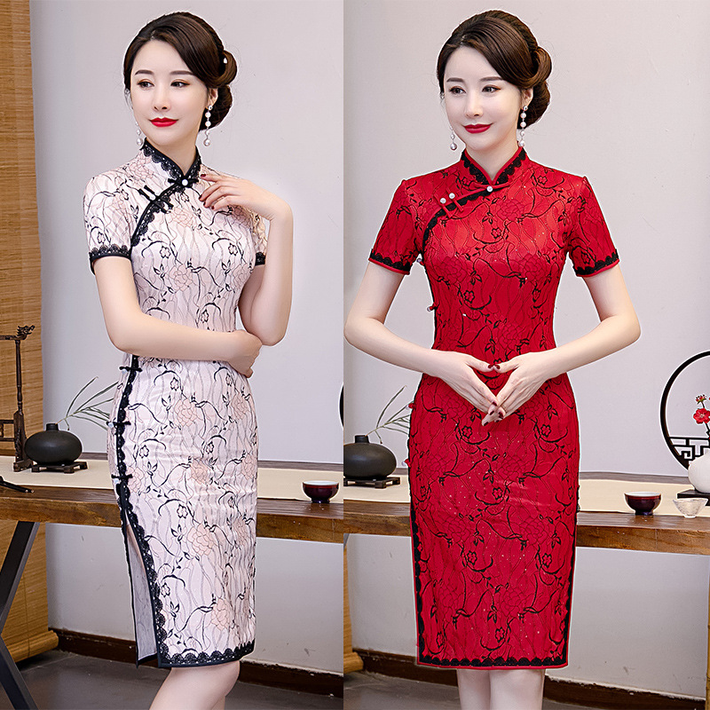 

Pink red Cheongsam Women Lace Trim Qipao Chinese Dress Party Elegant Lace Dress High Quality Vintage qipao 4XL