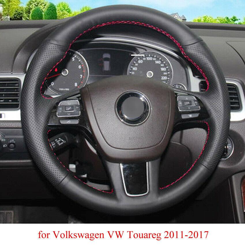 Black Leather Hand-stitched Car Steering Wheel Cover for Volkswagen Touareg-image-555701096